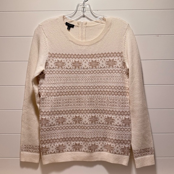 Talbots Women’s Shimmer Snowflake Fair Isle Crewneck Sweater Size XS Cream/Gold‎ - Picture 3 of 9